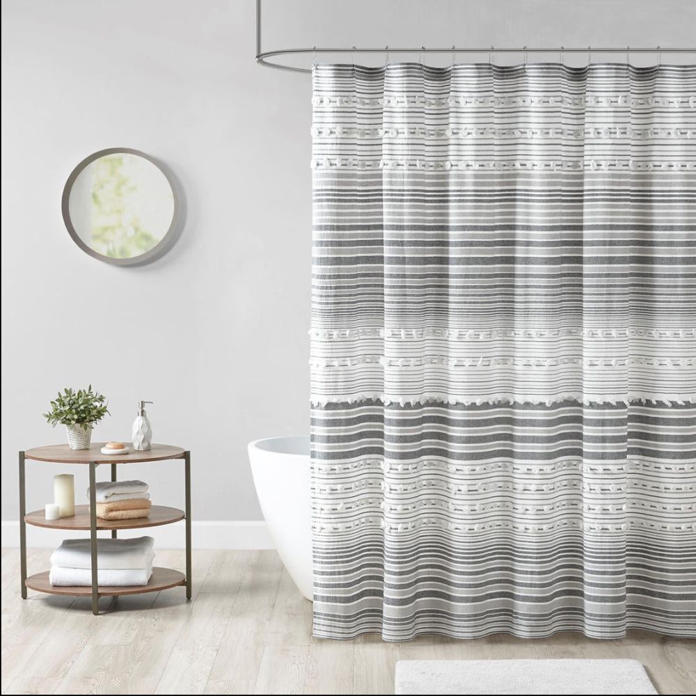 HOME OUTFITTERS Home Outfitters Grey 100% Cottonn Yarn Dye Shower Curtain with Pompoms 70"W x 72"L, Shower Curtain f