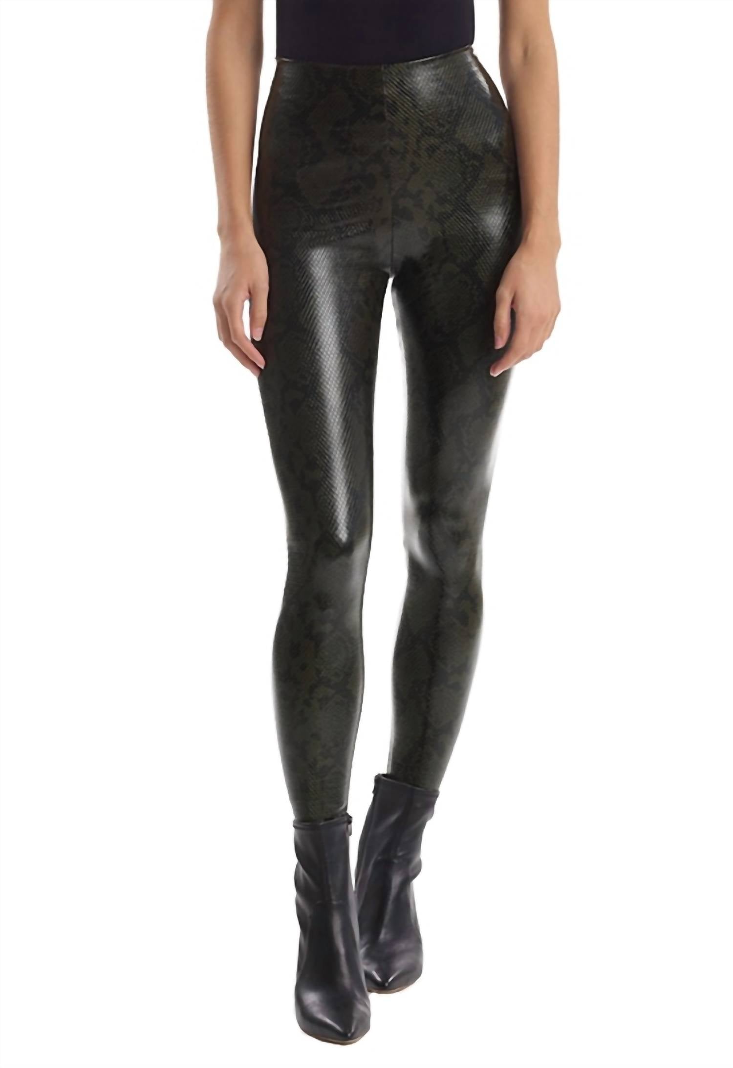 COMMANDO Faux Leather Snake Print Leggings in Moss