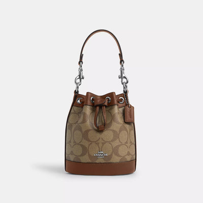 코치 COACH Outlet mini bucket bag in signature canvas,silver/khaki/saddle