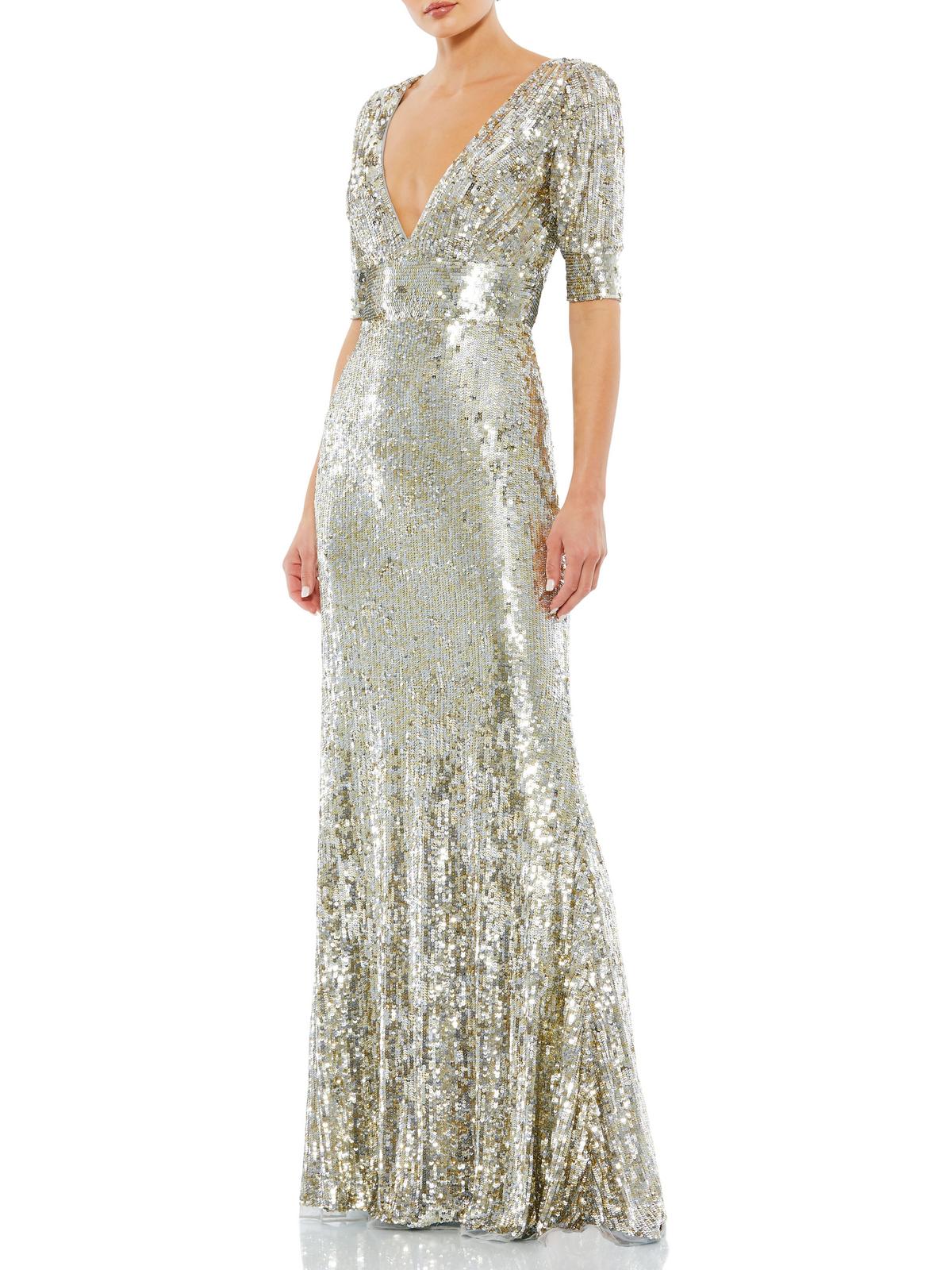 Shop Mac Duggal Womens Metallic Sequin Evening Dress In Silver