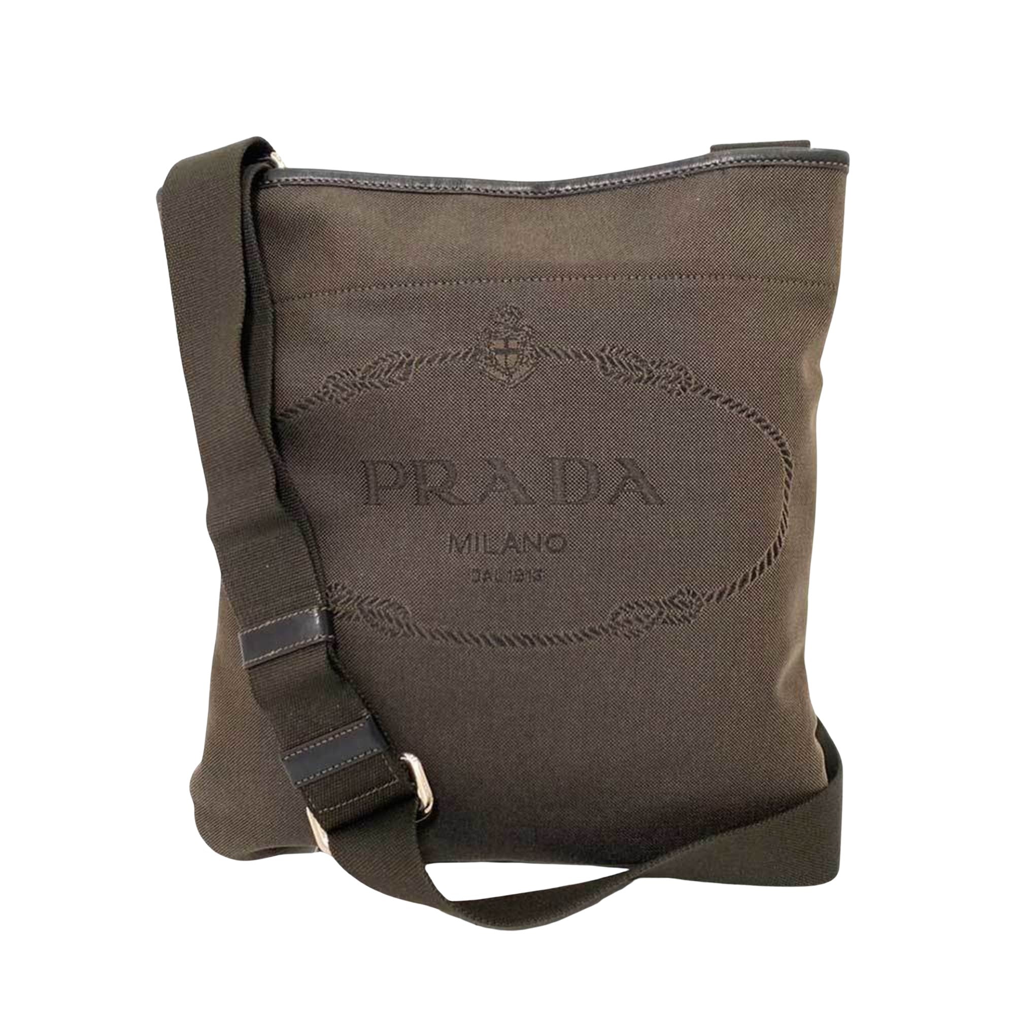 Shop Prada Jacquard Canvas Shoulder Bag () In Brown