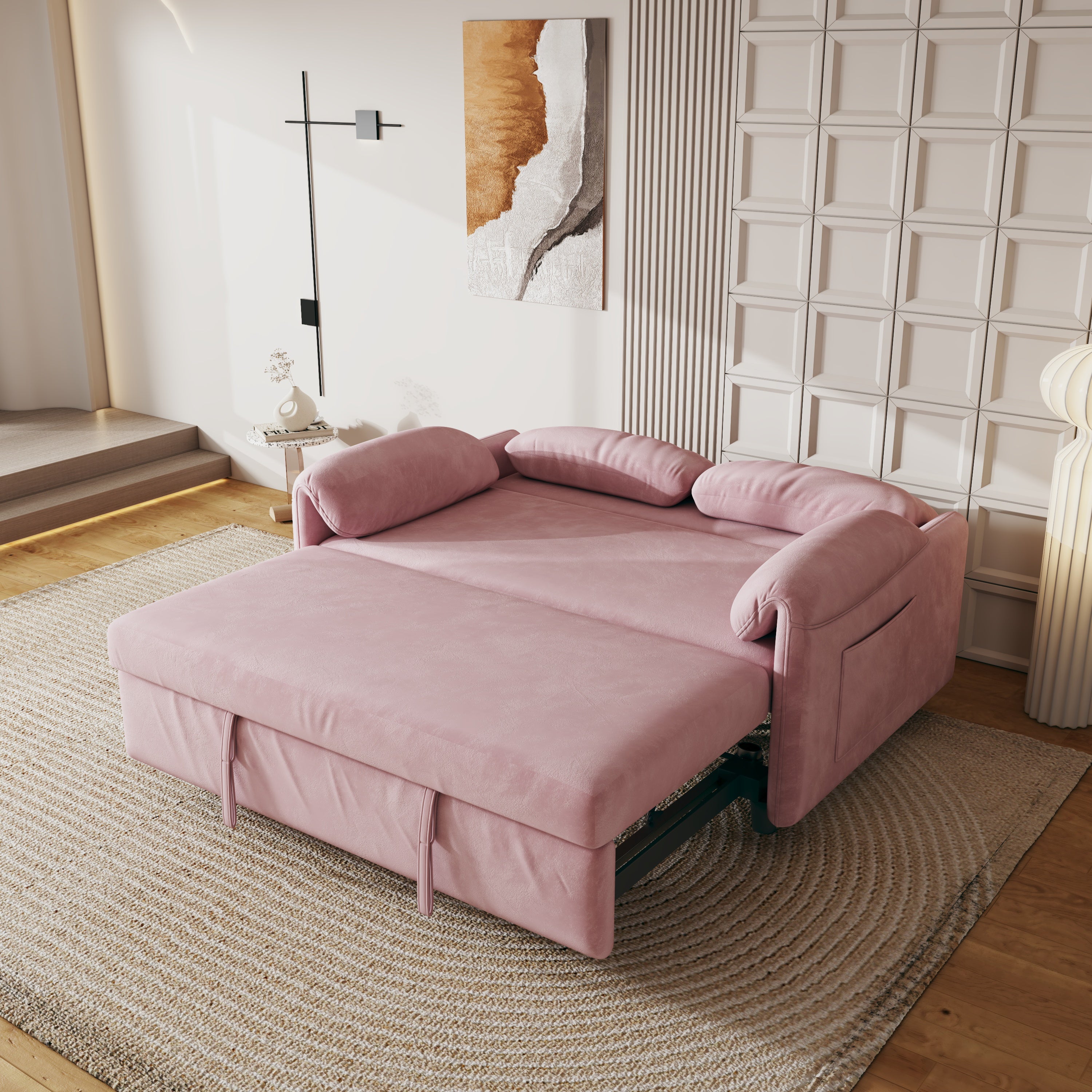 Simplie Fun 54-inch Velvet Pink Sofa Sofa Bed Multi-purpose Living Room Retractable Bed