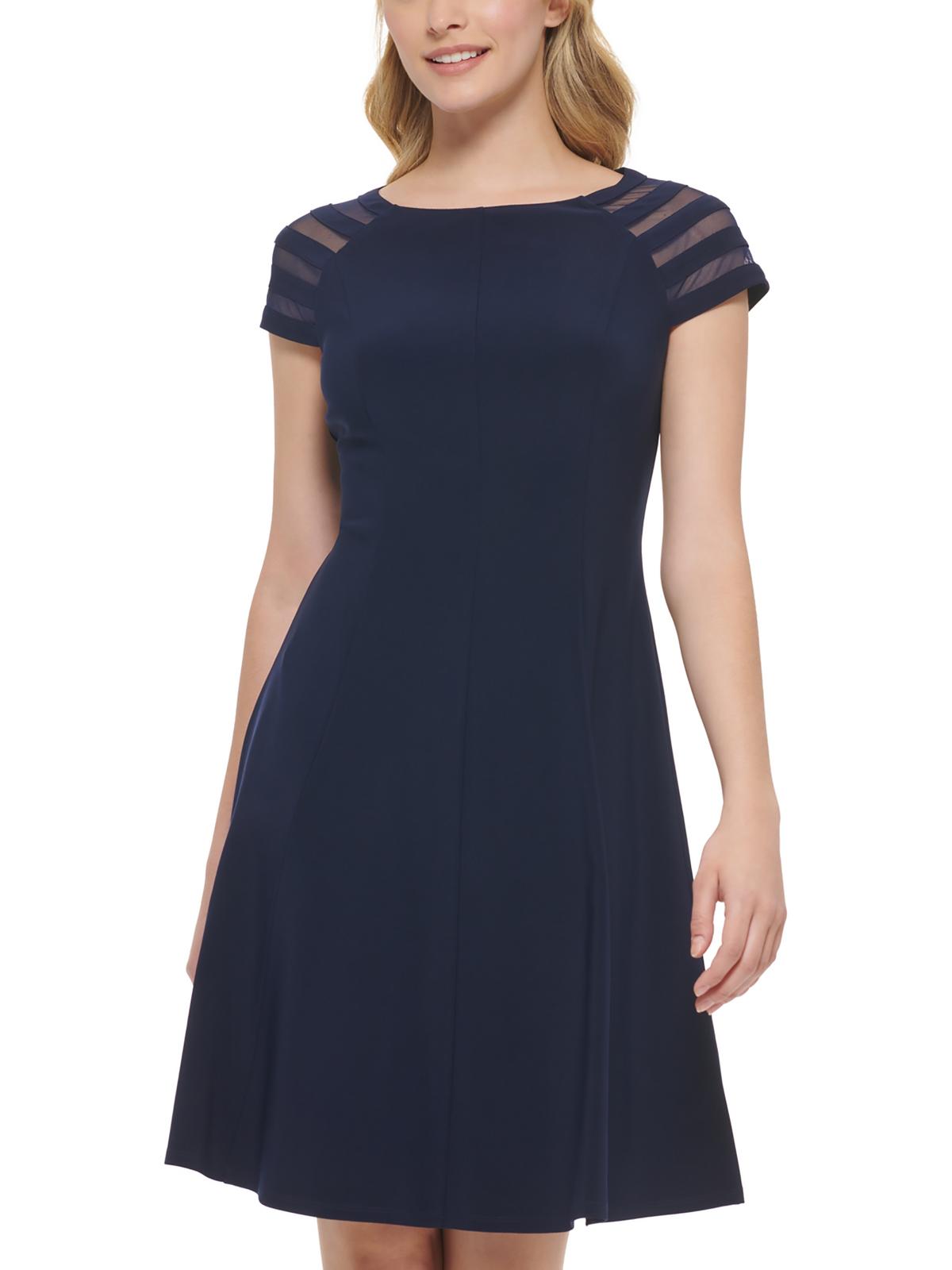 Shop Jessica Howard Womens Illusion Shoulder Wide Neck Fit & Flare Dress In Blue