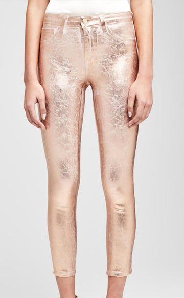 margot high rise skinny jean in rose gold foil