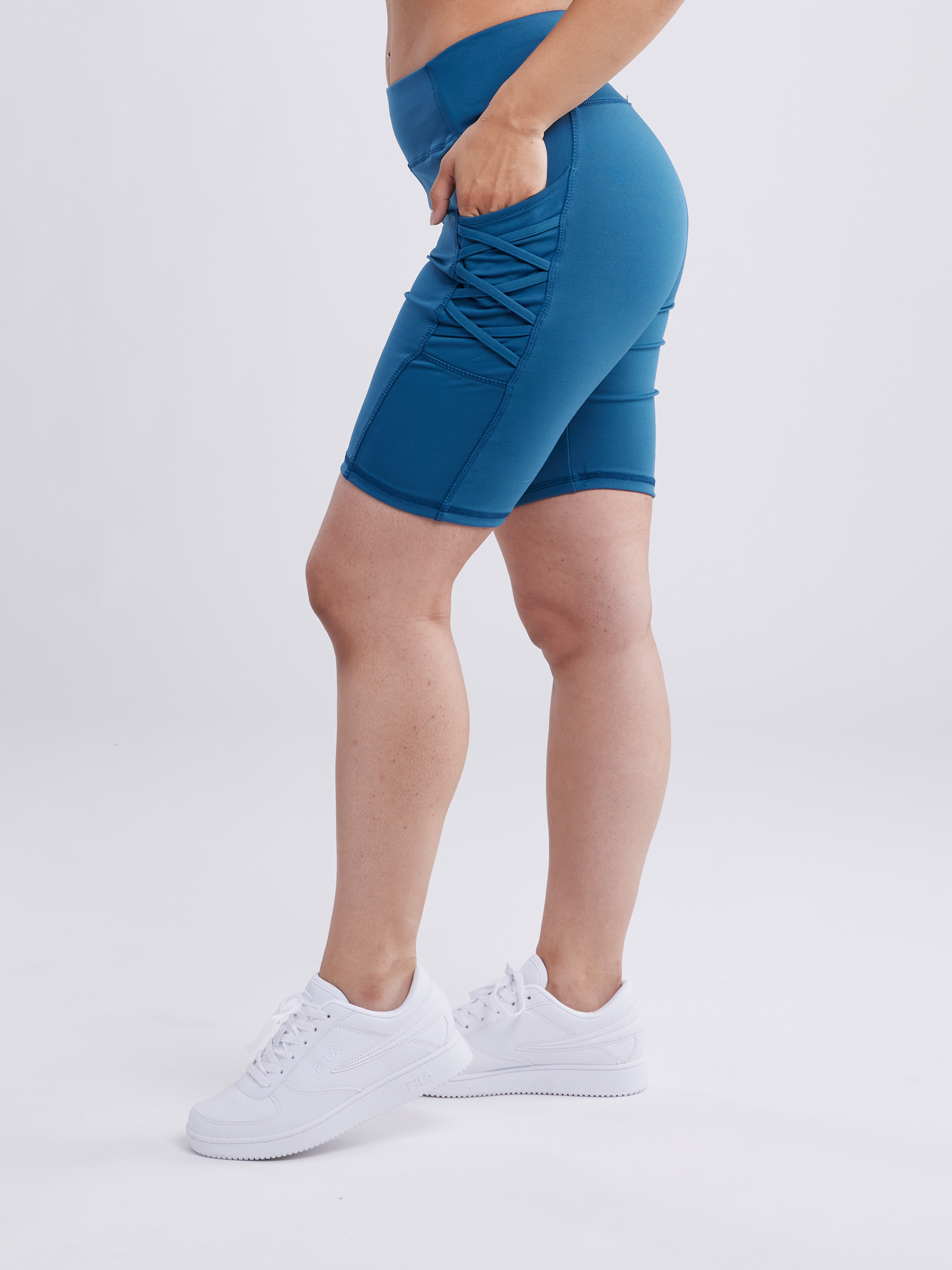 JUPITER GEAR High-Waisted Mid-Thigh Workout Shorts with Pockets & Criss Cross Design