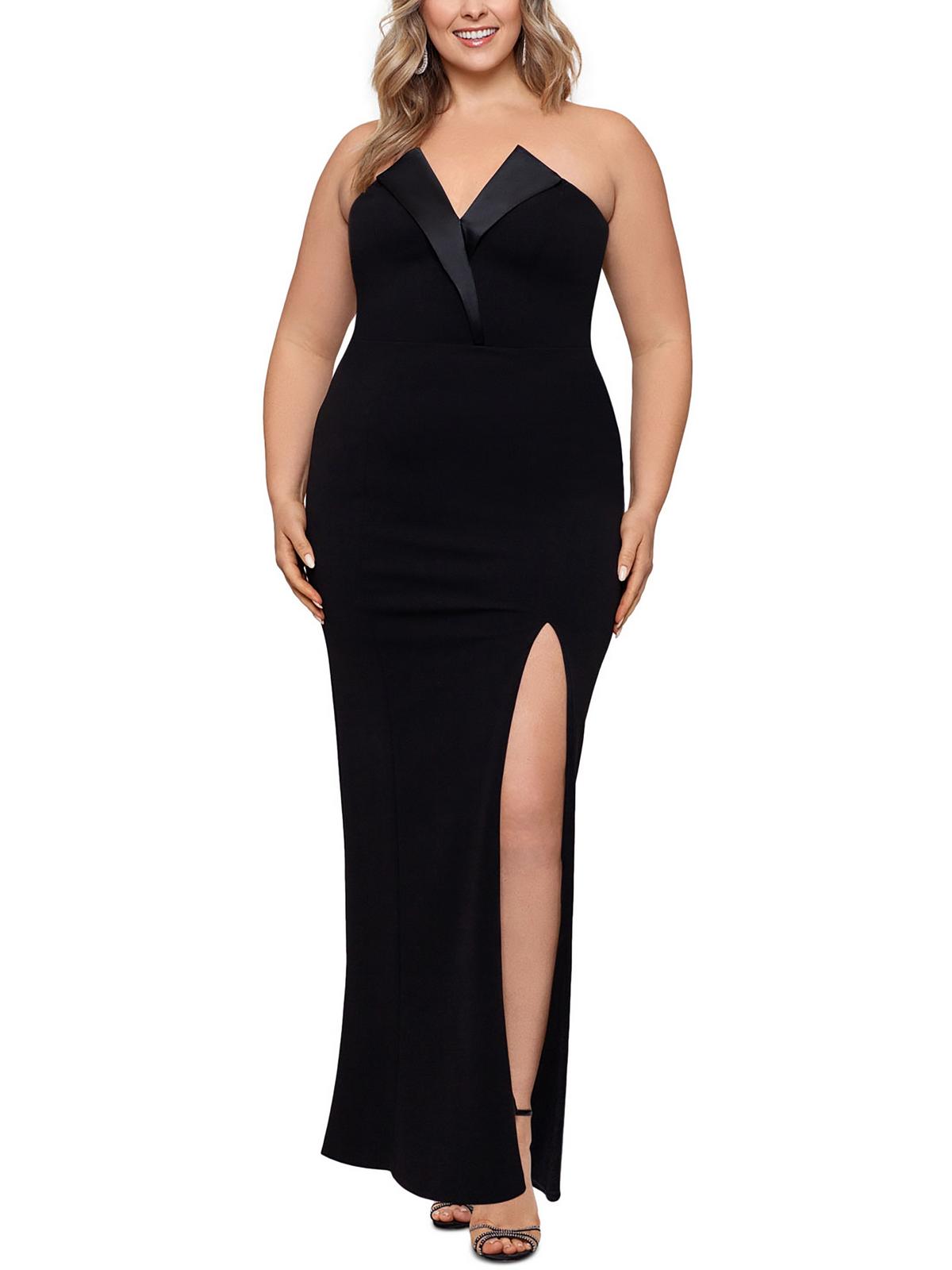 BETSY & ADAM Plus Womens Strapless Side Slit Evening Dress