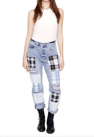 Blue Revival plaid patchwork straight jeans in ibiza wash