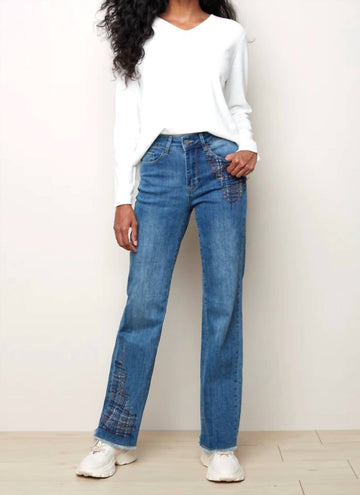 Charlie B wide leg jean with embroidery detail in medium blue