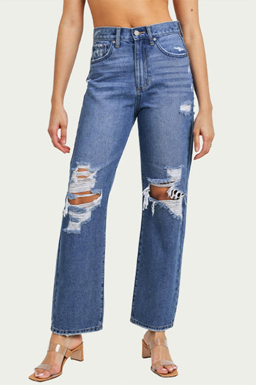 Just Black Denim distressed high-rise straight-leg jeans in medium denim