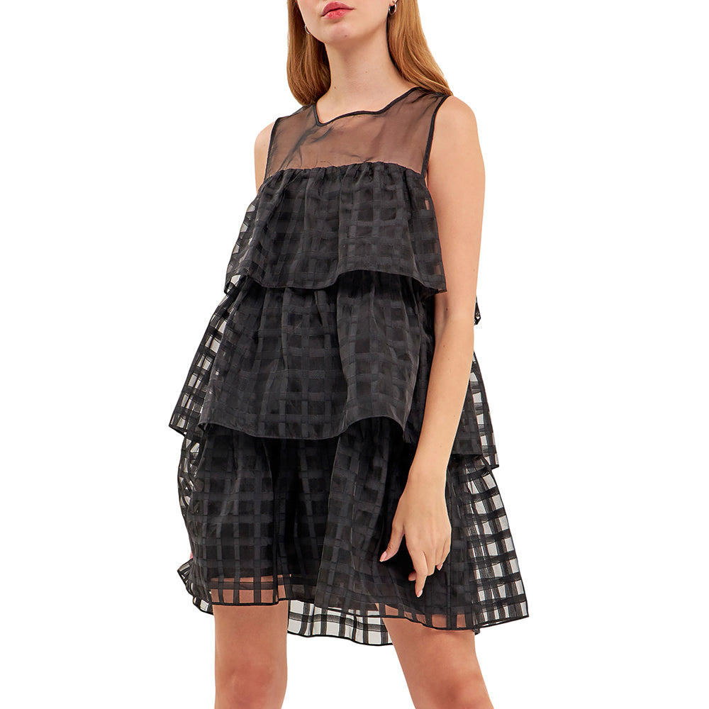 ENGLISH FACTORY Organza Gridded Tiered Sleeveless Mini