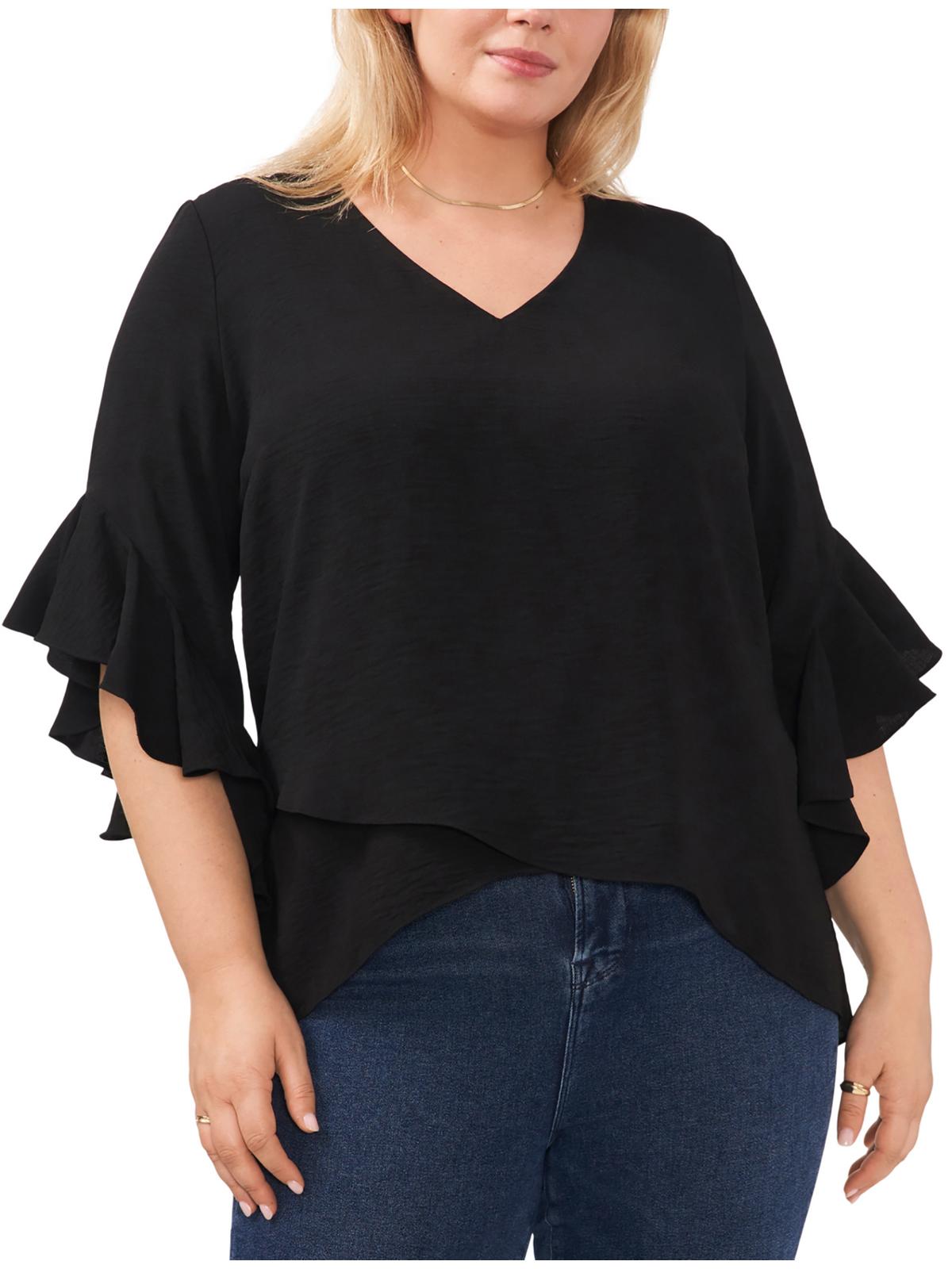 Shop Vince Camuto Plus Womens V-neck Flutter Sleeve Blouse In Black