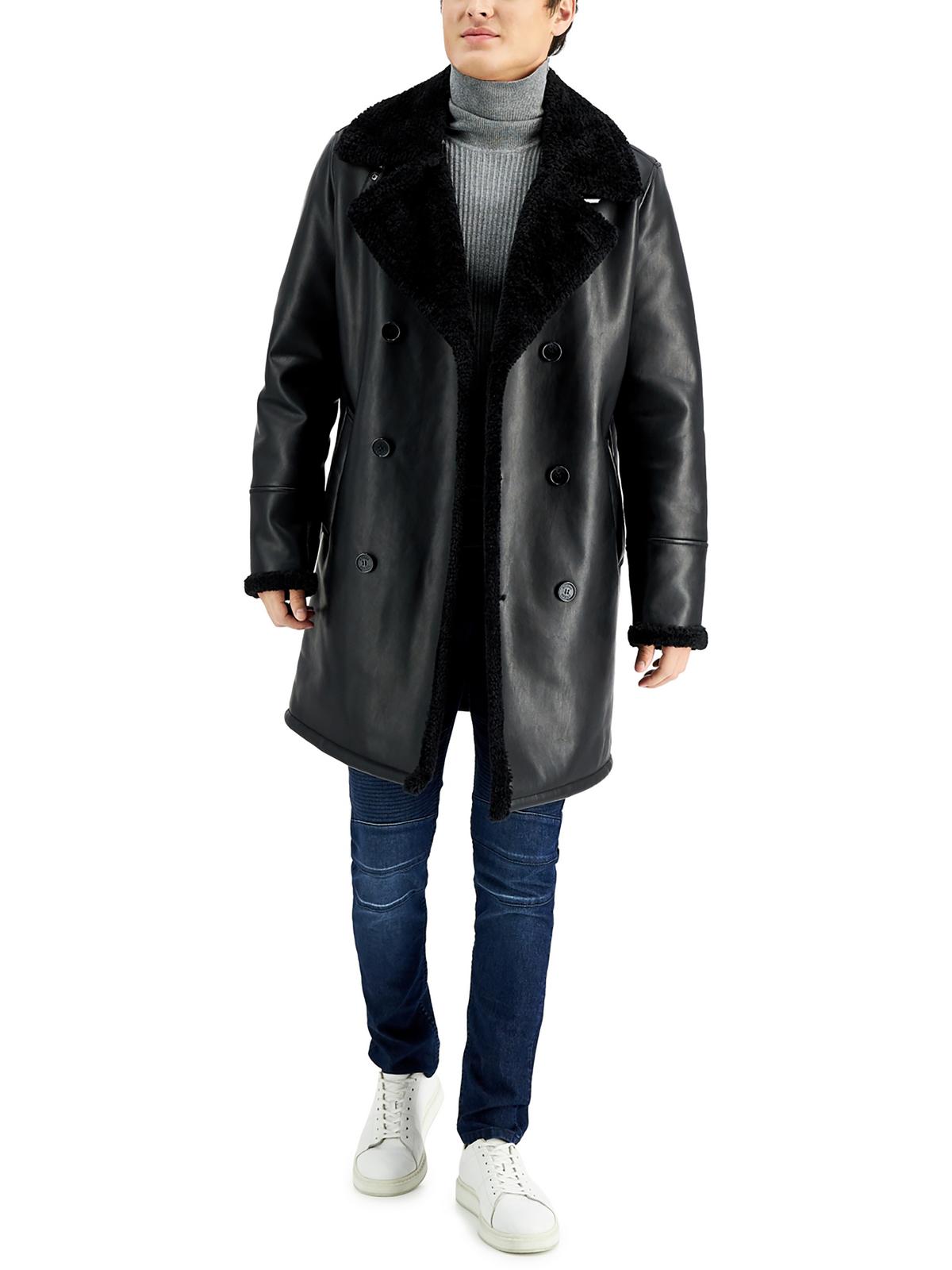 GUESS Mens Faux Leather Faux Fur Long Coat