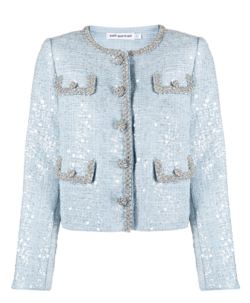 Shop Self-portrait Self Portrait Women Sequin Boucle Chest Flap Pockets Polyester Jacket Blue