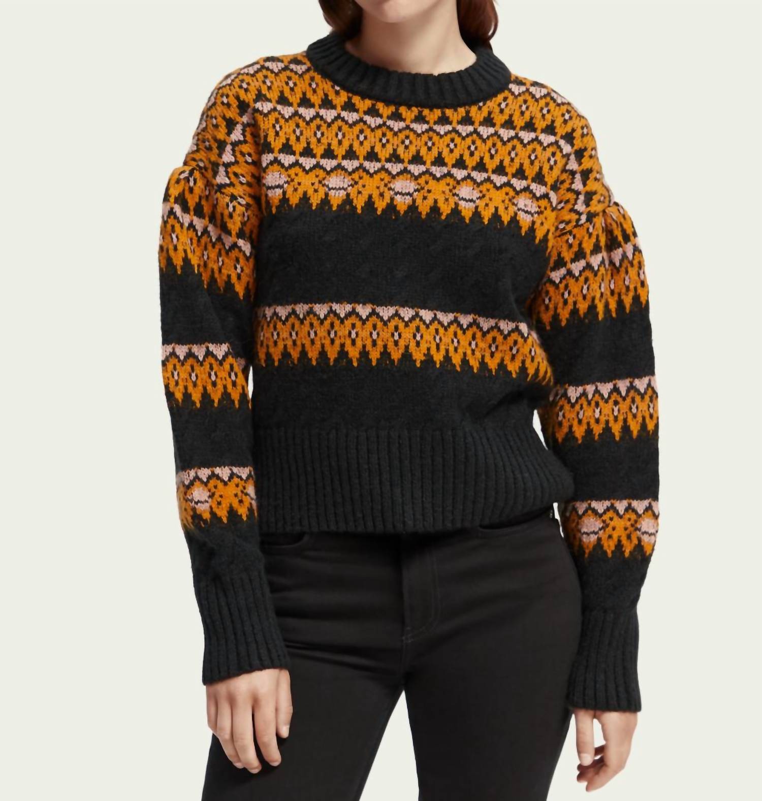 SCOTCH & SODA Cable Knit Fair Isle Sweater in Black Sky