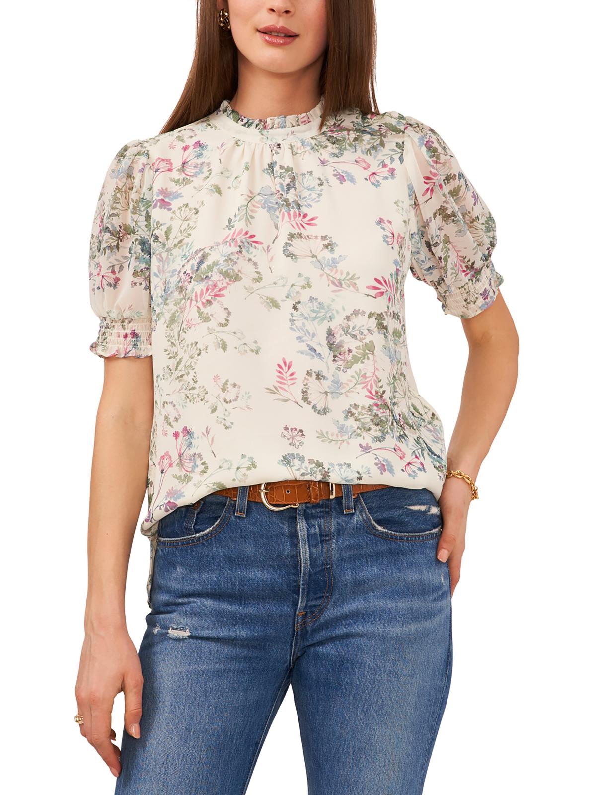 Shop Vince Camuto Plus Garden Romance Womens Smocked Floral Blouse In White