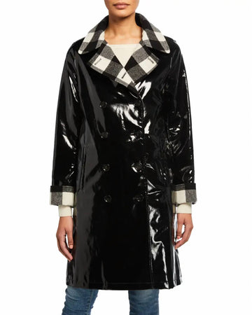 Janepost double-breasted slicker with buffalo trim coat in black