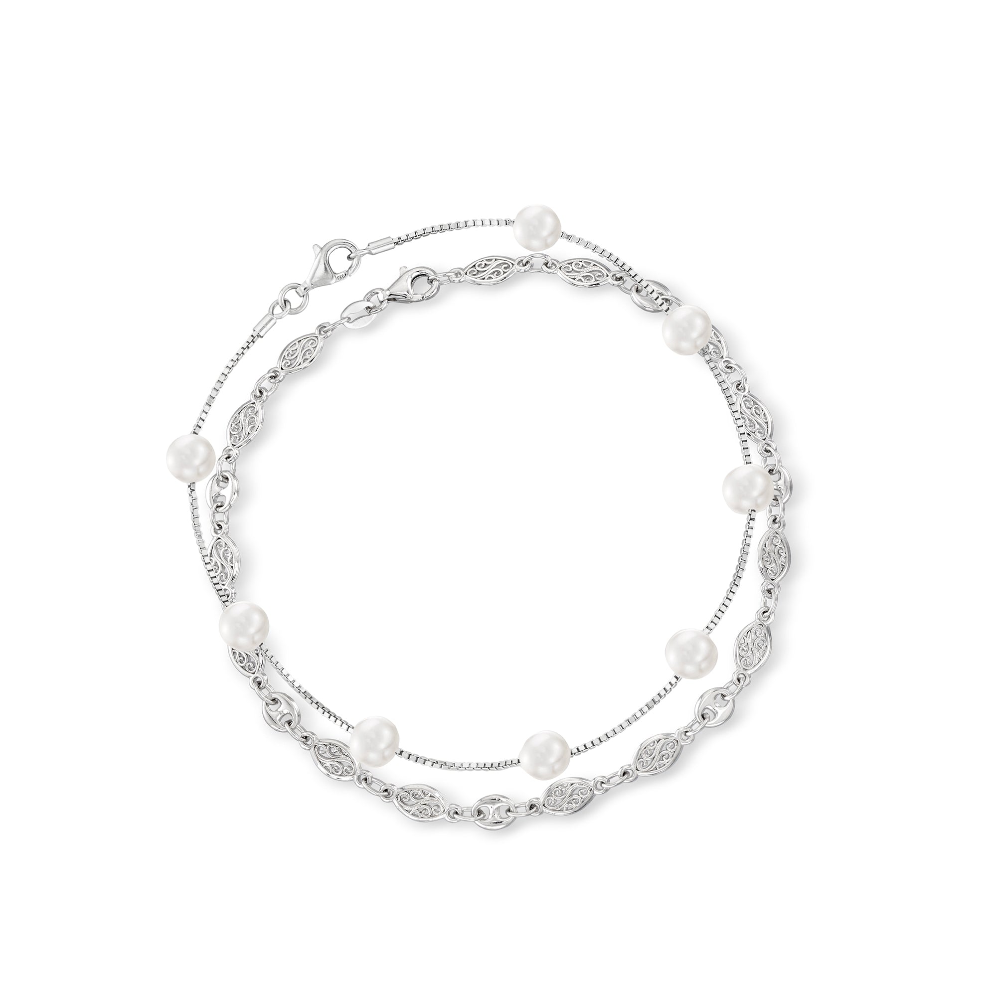 Ross-Simons 7-7.5mm Cultured Pearl and Sterling Silver Jewelry Set: 2 Anklets
