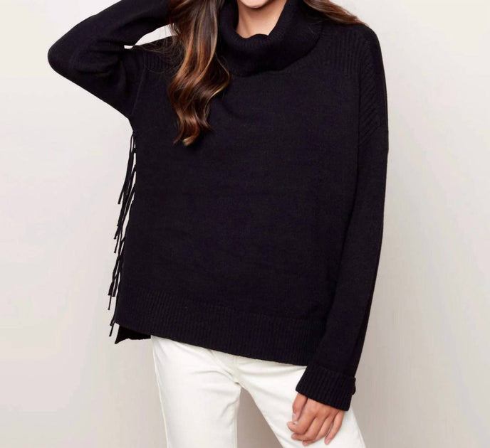 Charlie B Turtleneck Fringe Sweater in Black | Shop Premium Outlets
