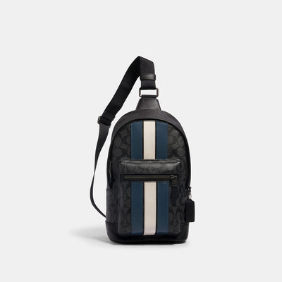 코치 COACH Outlet west pack in signature canvas with varsity stripe,gunmetal/charcoal/denim/chalk