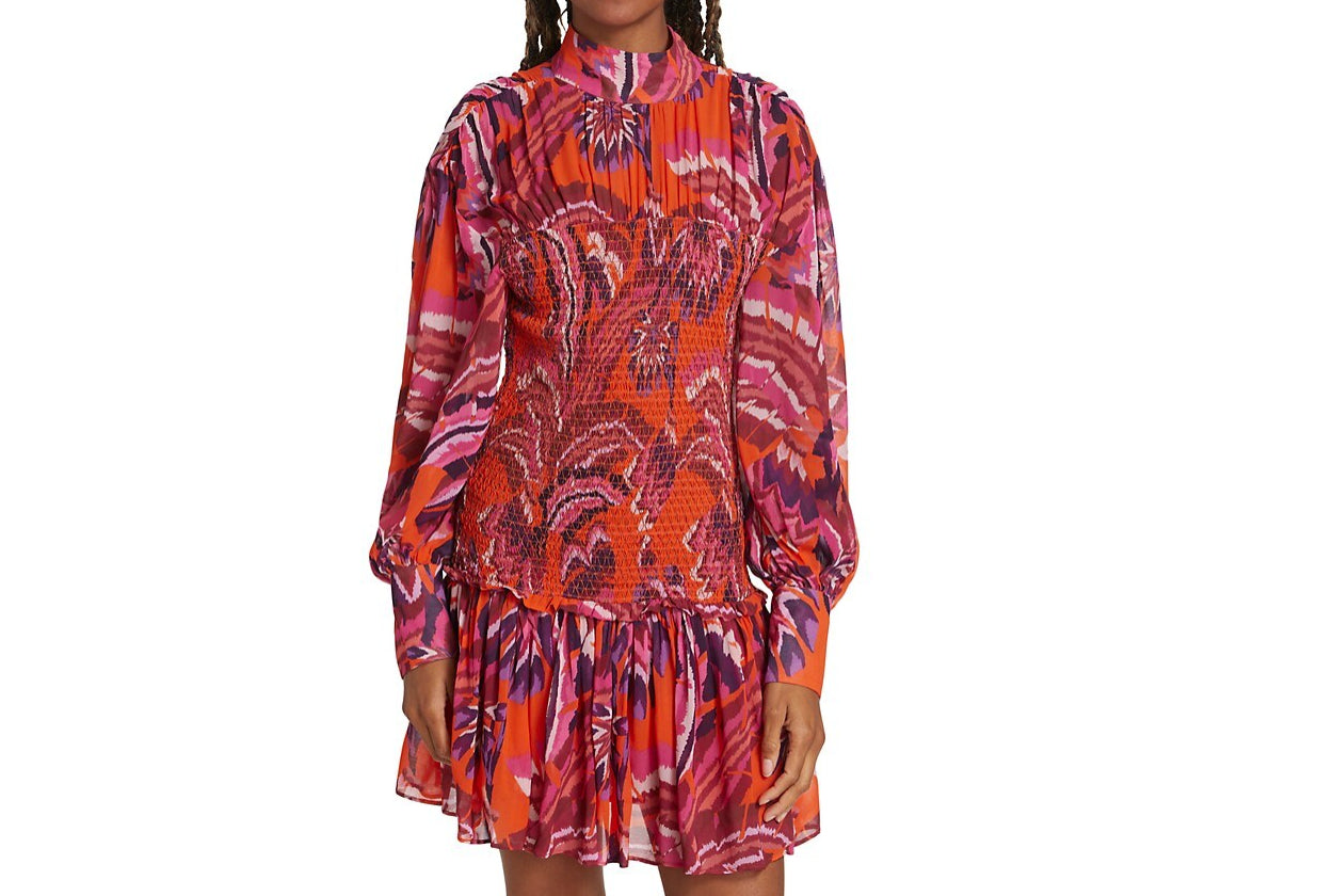 Shop Farm Rio Women Chevron Forest Orange Long Sleeve Smocked Mini Dress In Multi