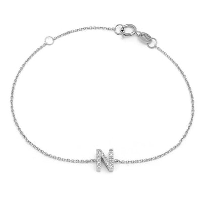 Sterling Silver Letters Single Micro Pave Diamond Bracelet (Silver Diamond R Initial Bracelet 7+1)