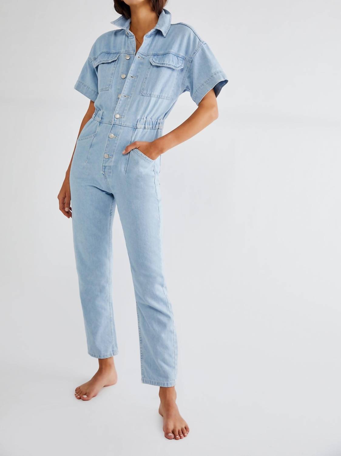 Free People Marci Light Blue Denim Jumpsuit In Multi