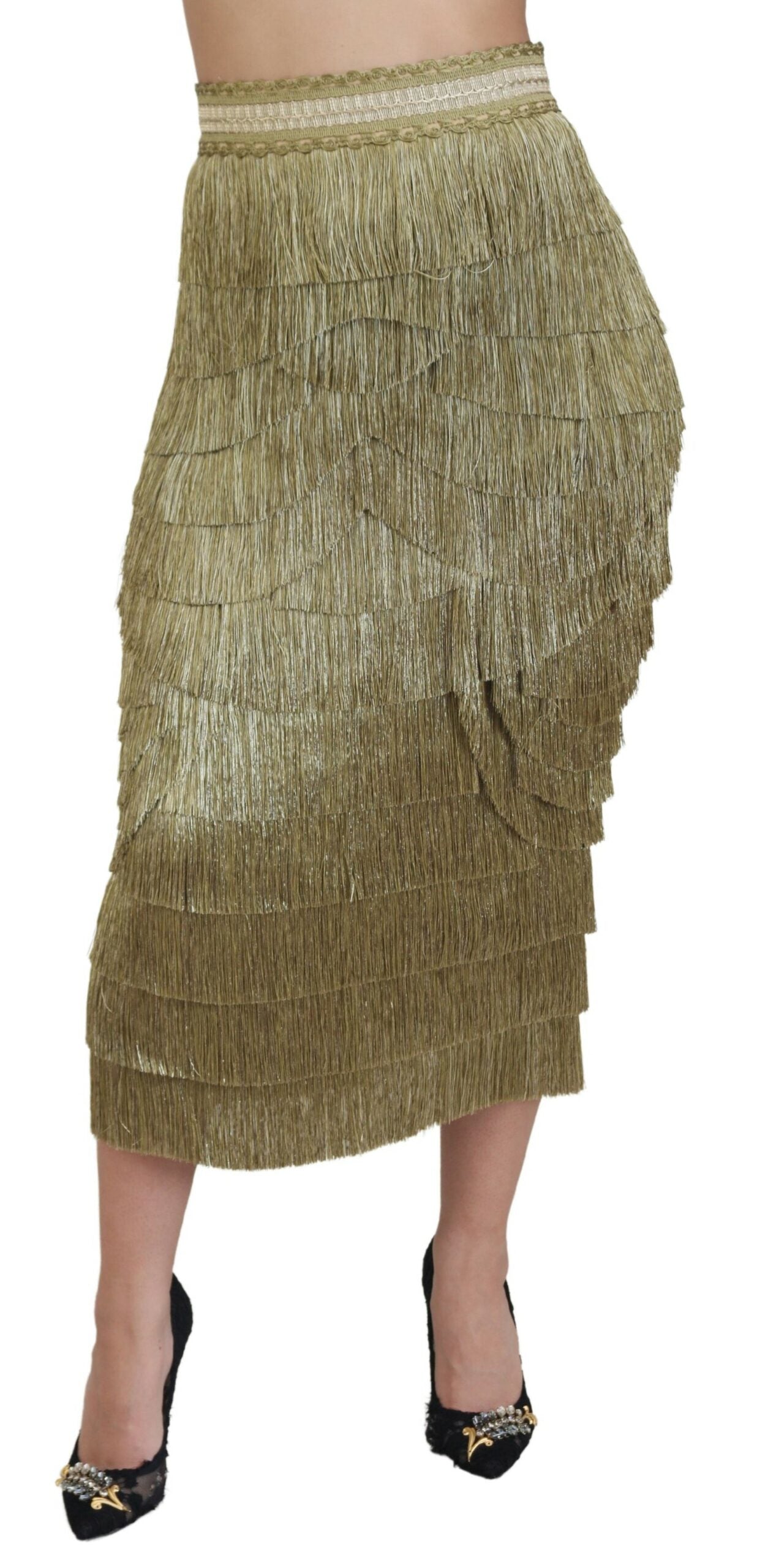 DOLCE & GABBANA Dolce & Gabbana  Tie Metallic Fringed Midi Silk Women's Skirt