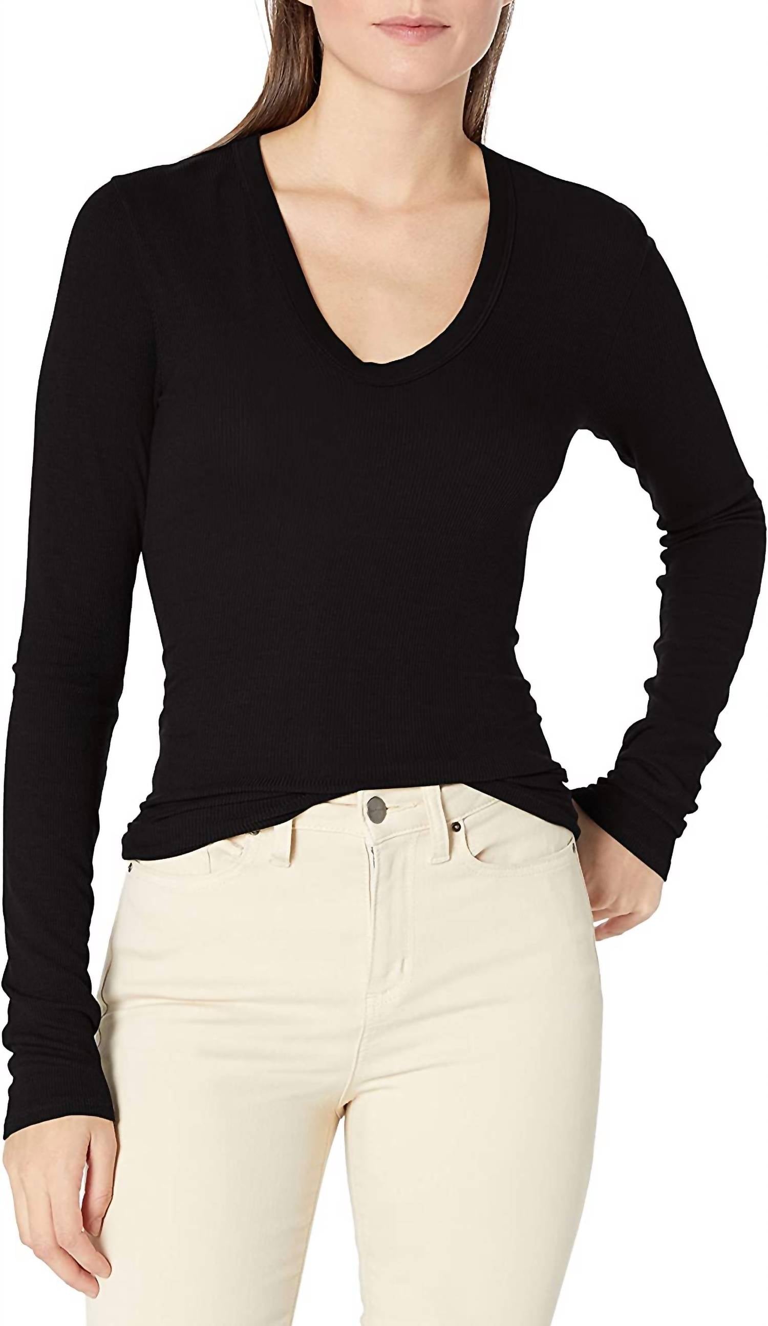 ENZA COSTA Rib Fitted Long Sleeve U-Neck Top in Black