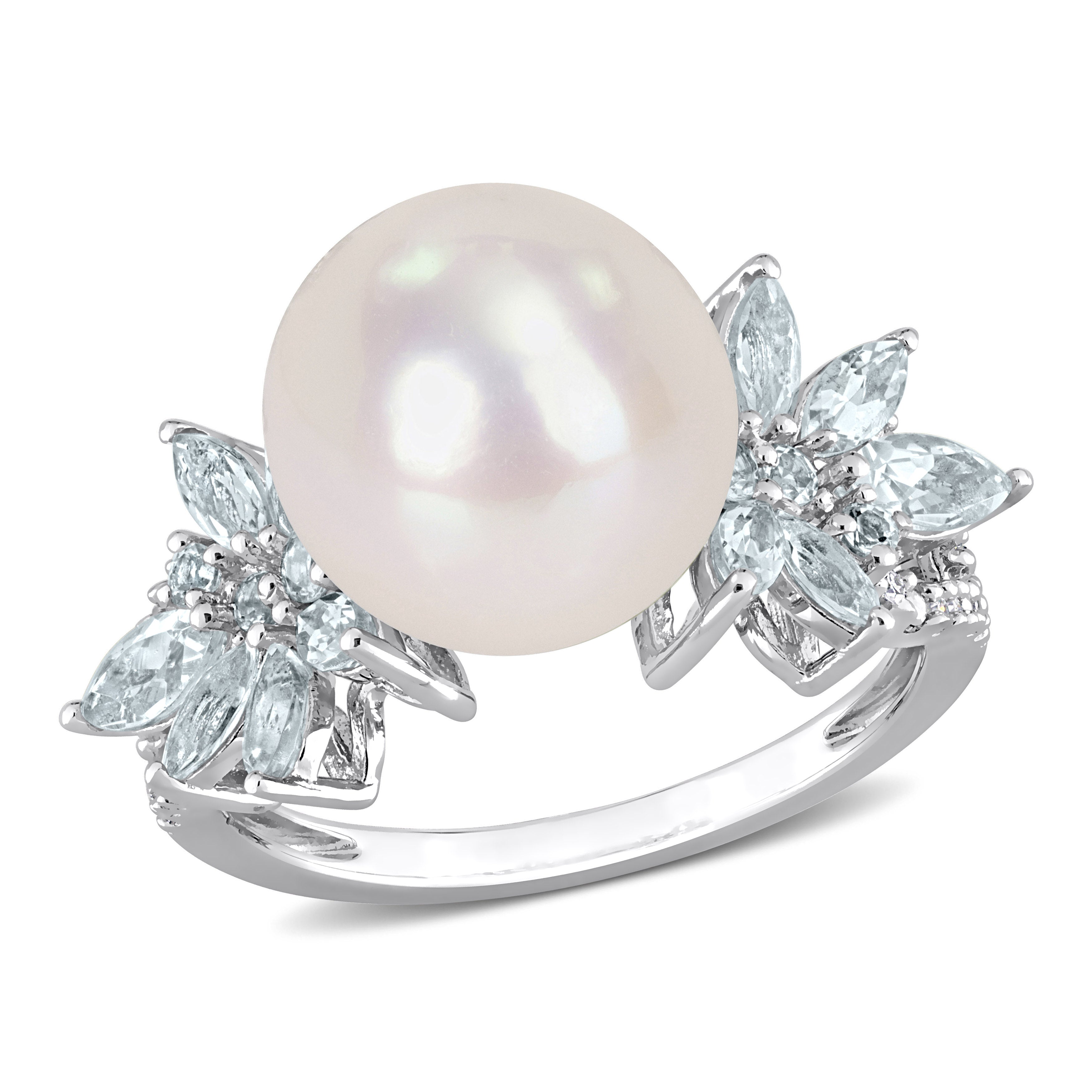 Shop Mimi & Max 11-12mm Cultured Freshwater Pearl And 1 1/5ct Tgw Aquamarine And 1/10ct Tdw Diamond Flower Ring In S In Multi