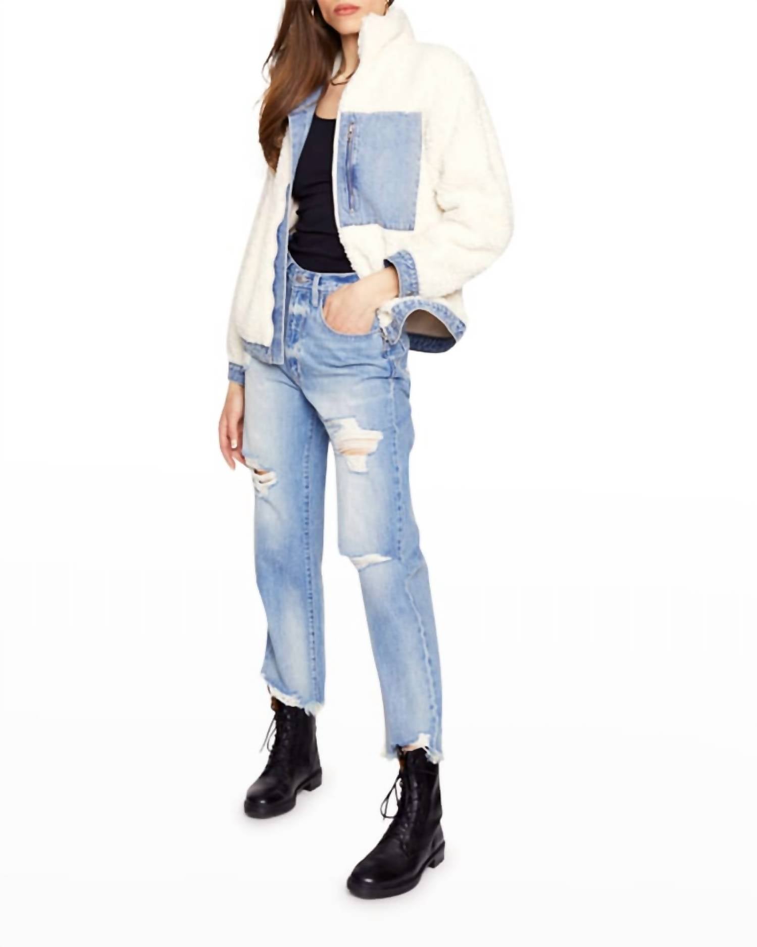 BLUE REVIVAL Apres Ski Oversized Jacket With Denim Accents in Angel Falls/Offwh