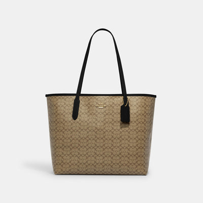 코치 COACH Outlet city tote in signature canvas,gold/khaki/black