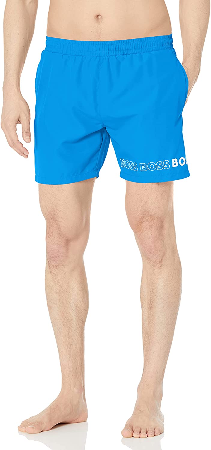 Shop Hugo Boss Men Swim Trunk Shorts Standard Vertical Logo Brilliant Blue Dolphin