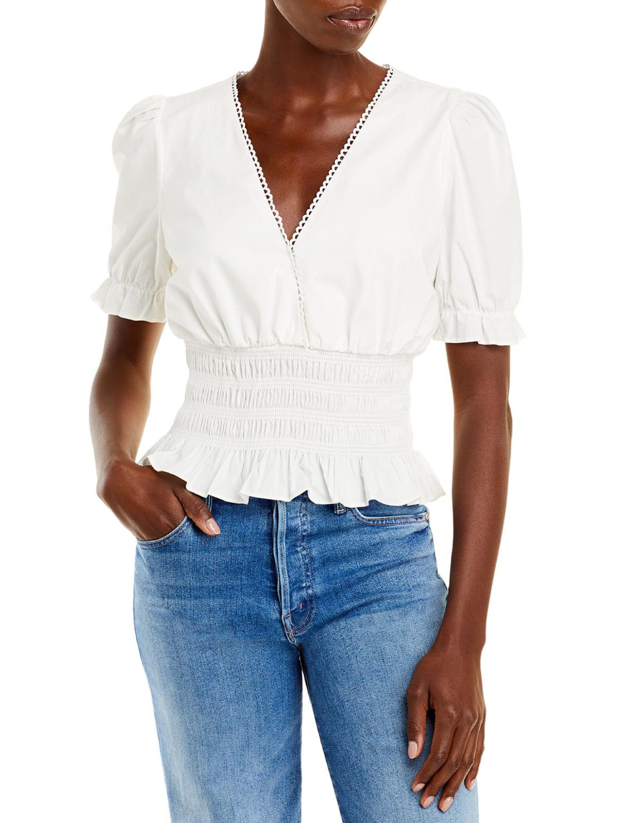 Wayf Womens V-neck Smocked Waist Top In White