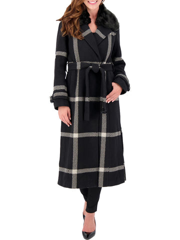 Vince Camuto petites womens plaid belted long coat