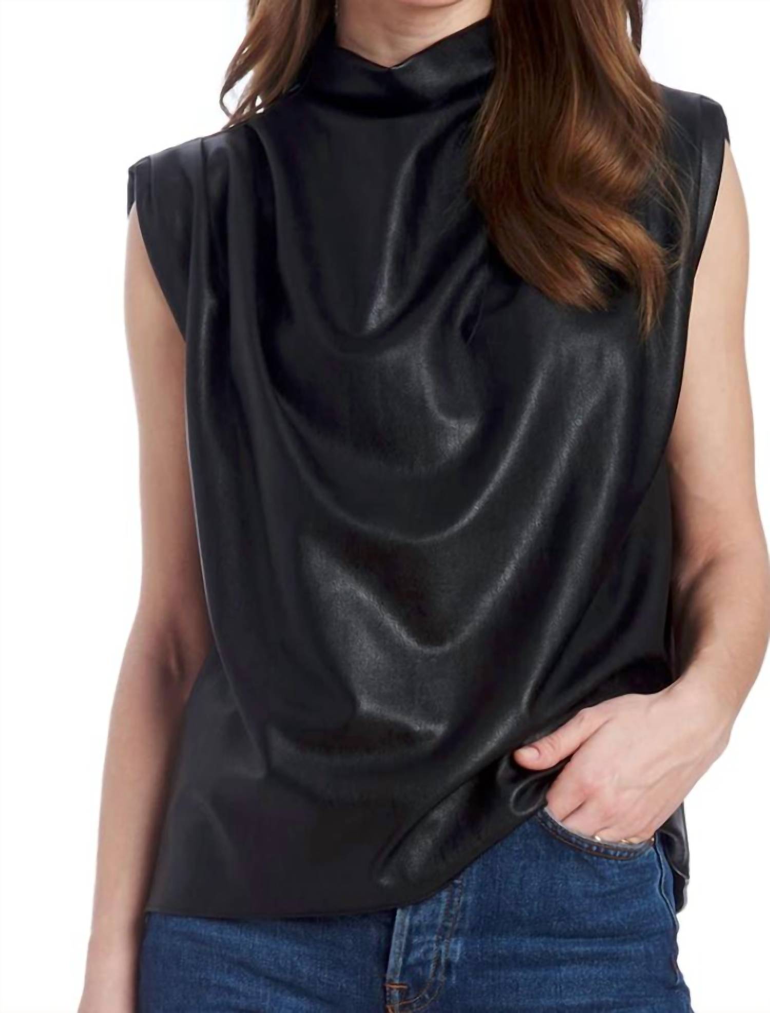 AMANDA UPRICHARD Sleeveless Vegan Leather Fabienne Top in Black