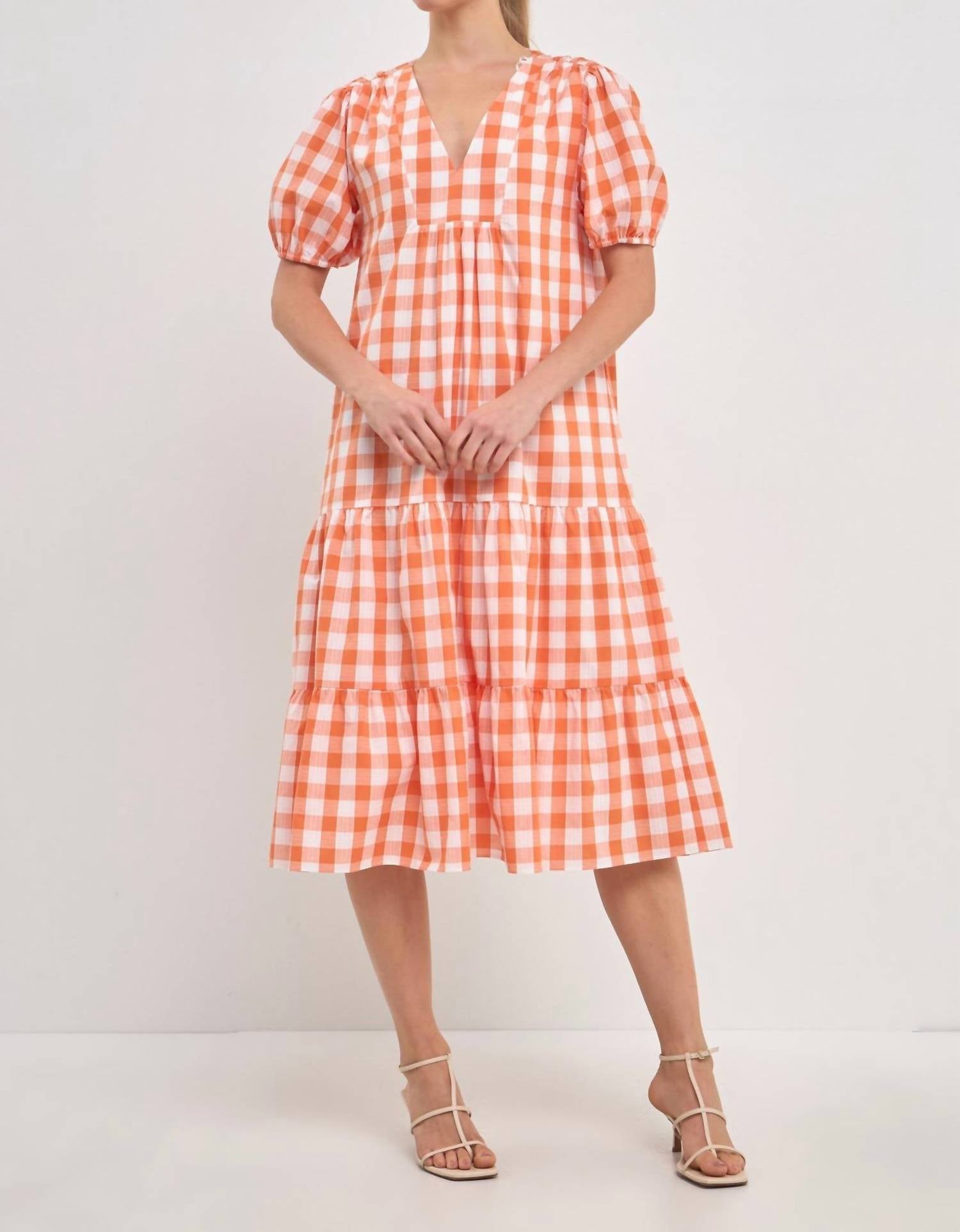 Shop English Factory Gingham Midi Dress In Orange In Pink