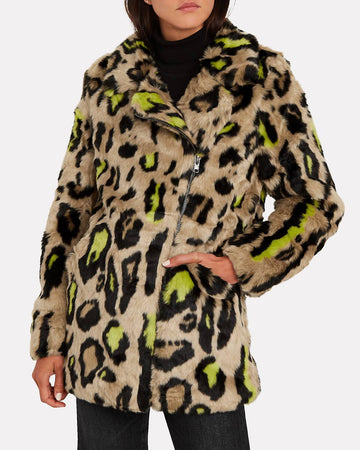 Apparis chloe faux fur coat in neon leopard