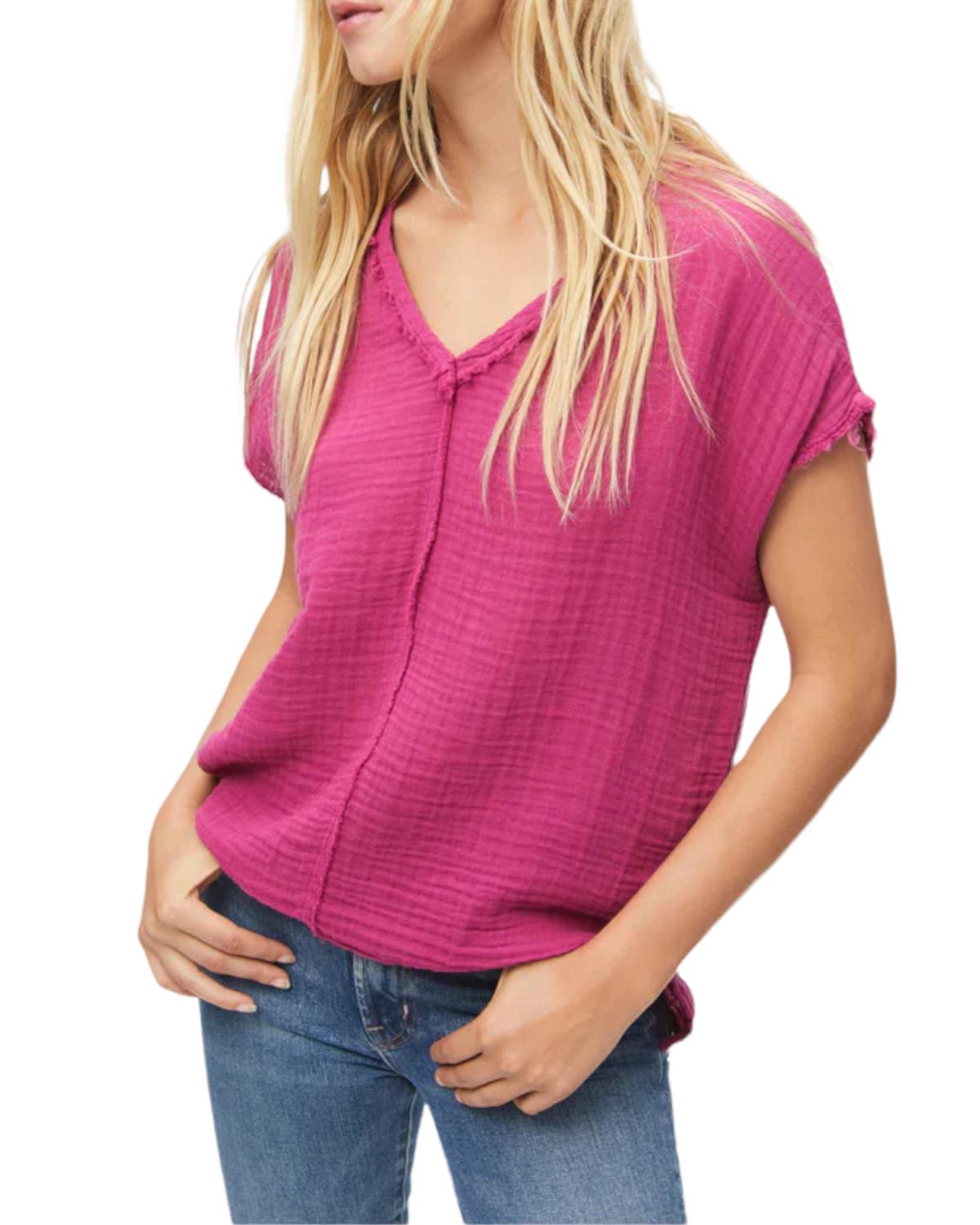 MICHAEL STARS Draya V-Neck Top in Fuchsia