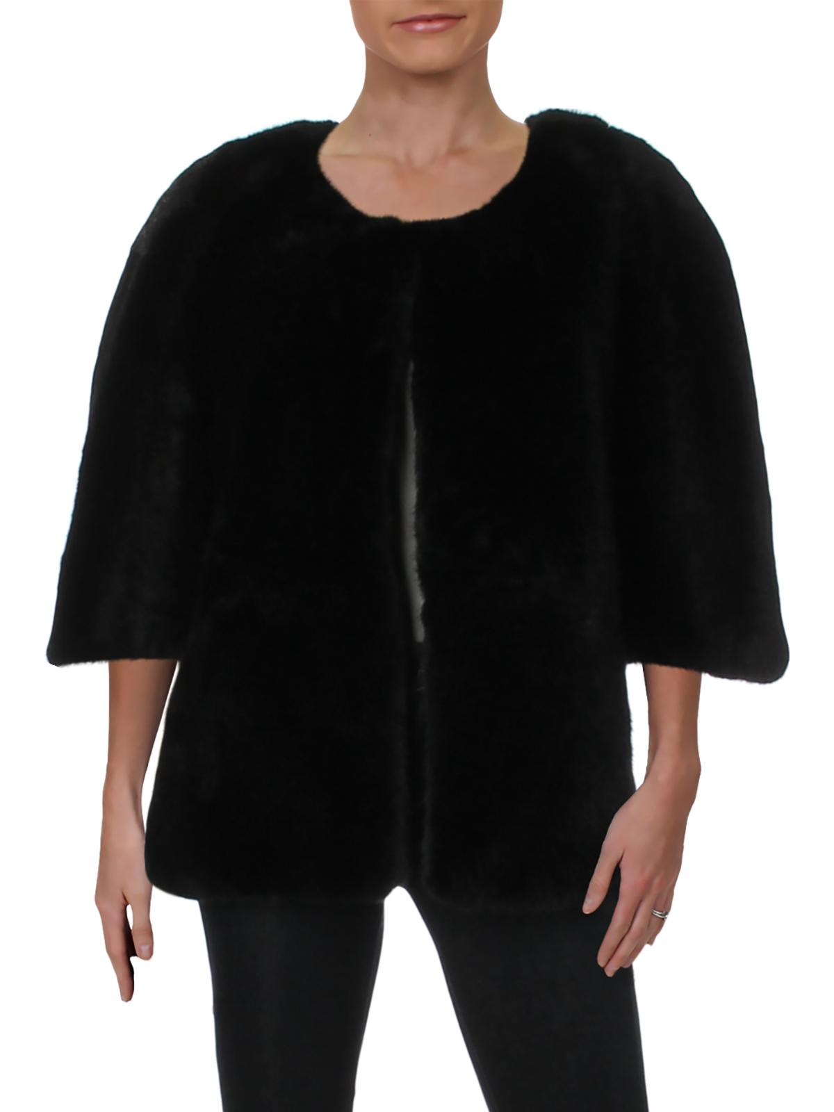 ADRIANNA PAPELL Womens Winter Poncho Faux Fur Jacket