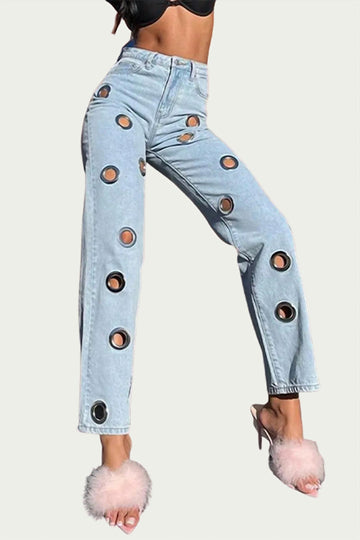 Callie Lives high-rise straight leg grommet jeans in light blue