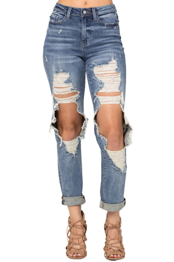 Judy Blue emma high waist destroyed vintage straight jean in medium wash