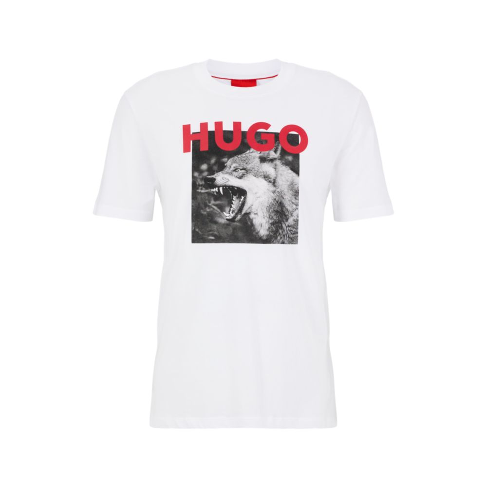 HUGO Cotton-jersey T-shirt with wolf print and logo