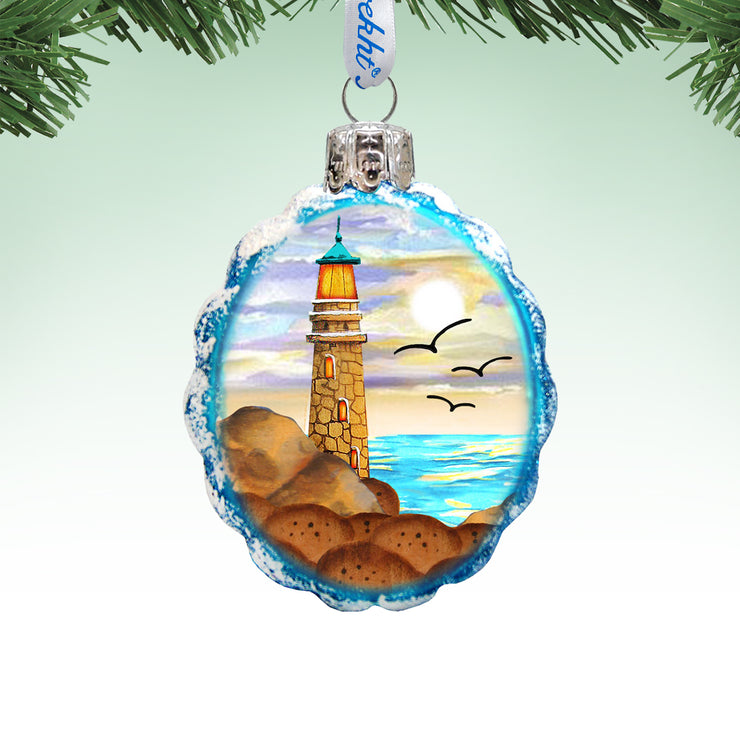 Designocracy Flower Light House Coastal Glass Ornament