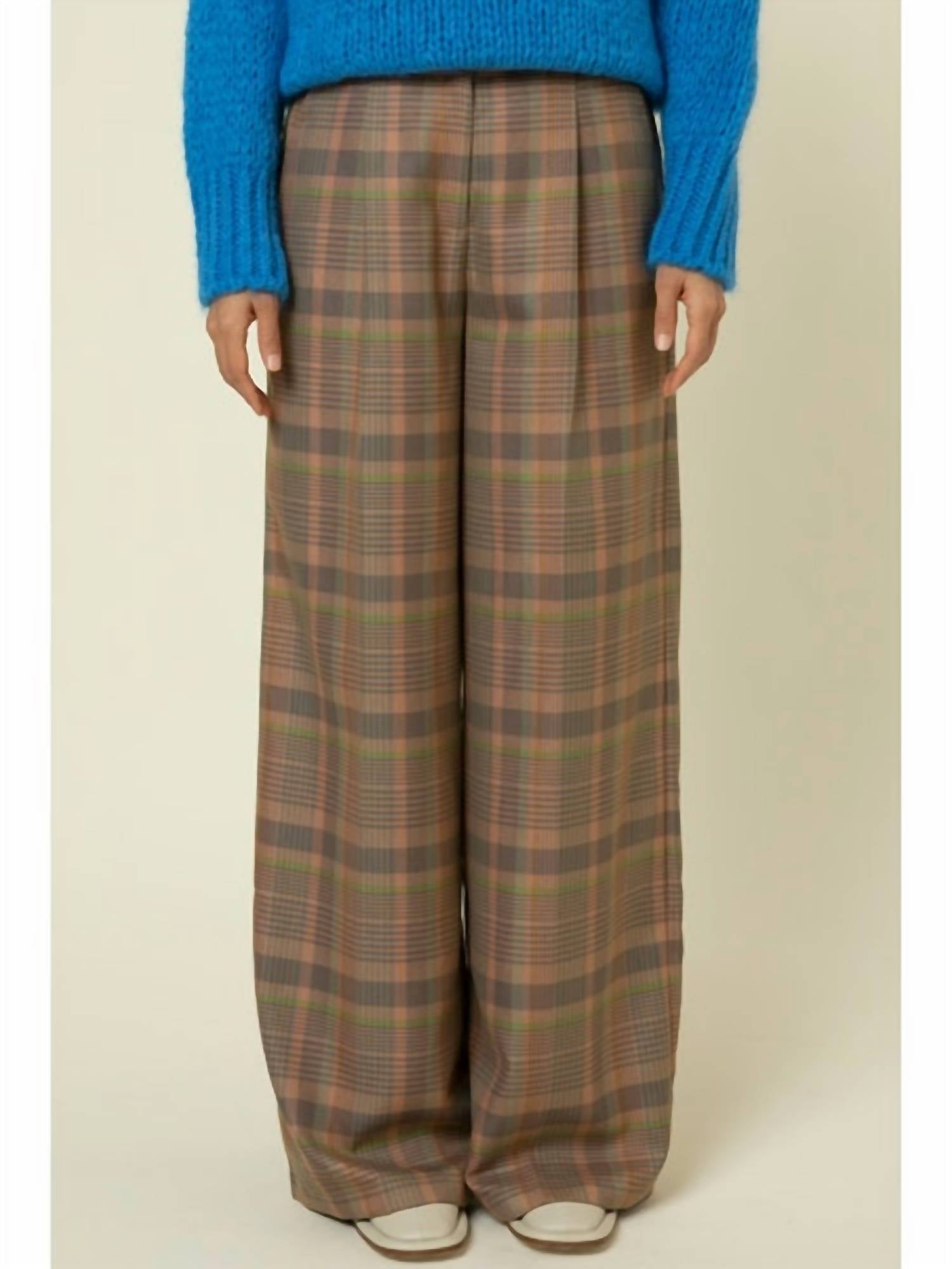 FRNCH Philo Wide Leg Plaid Pants in Brown