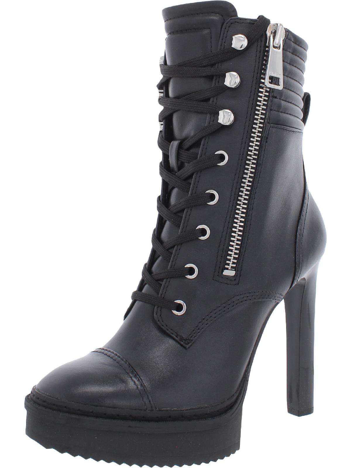 Dkny Steffi Womens Leather Zipper Combat & Lace-up Boots In Black