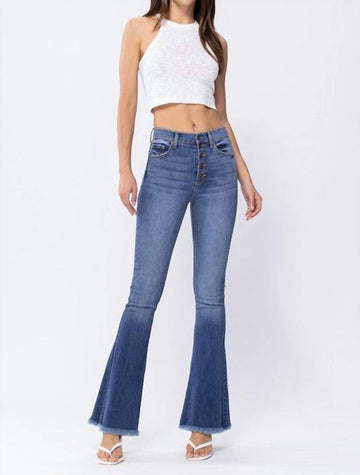 Sneak Peek frayed hem bell bottoms in medium wash