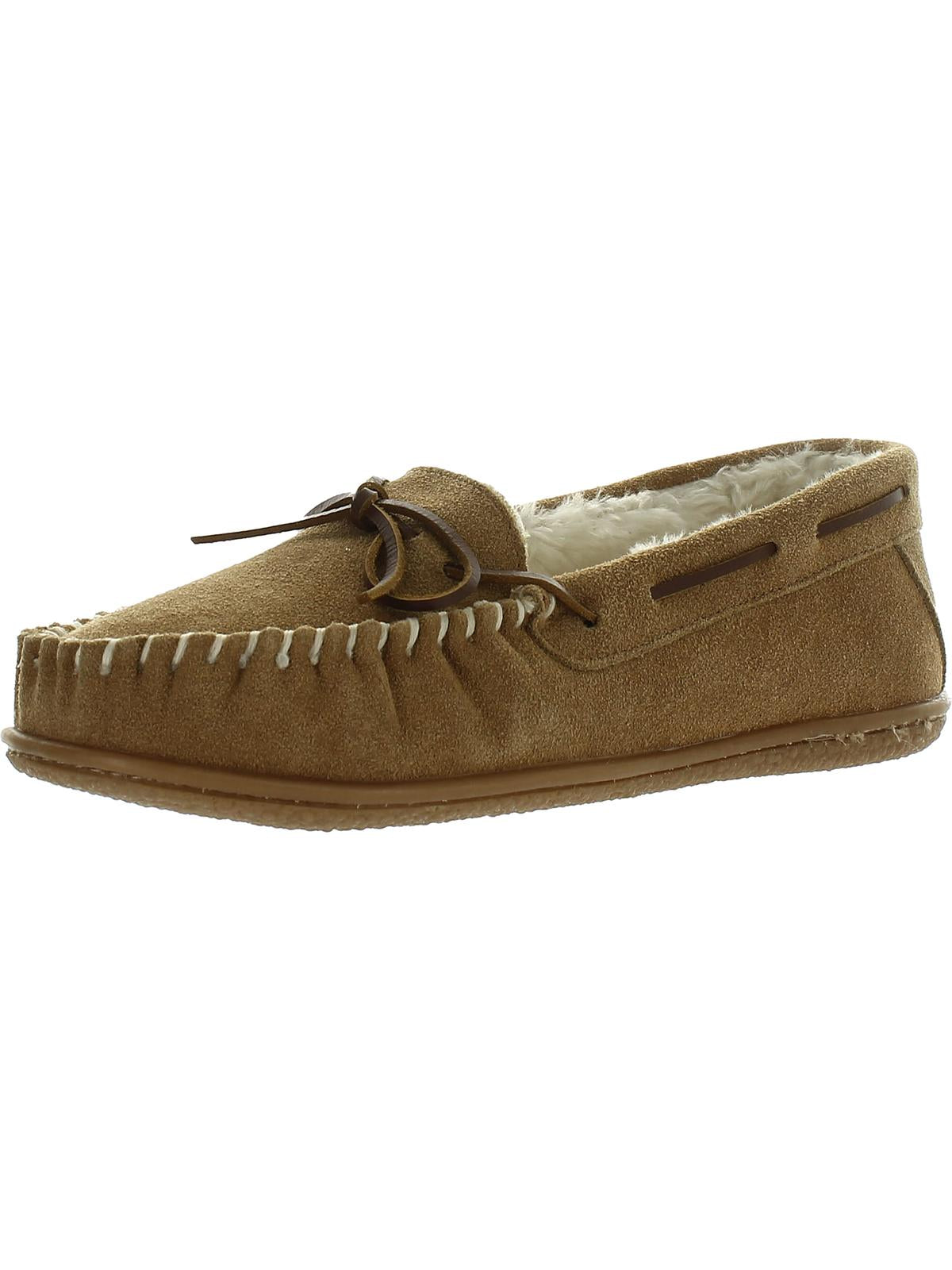Minnetonka Camp Tie Womens Leather Faux Fur Moccasins In Brown