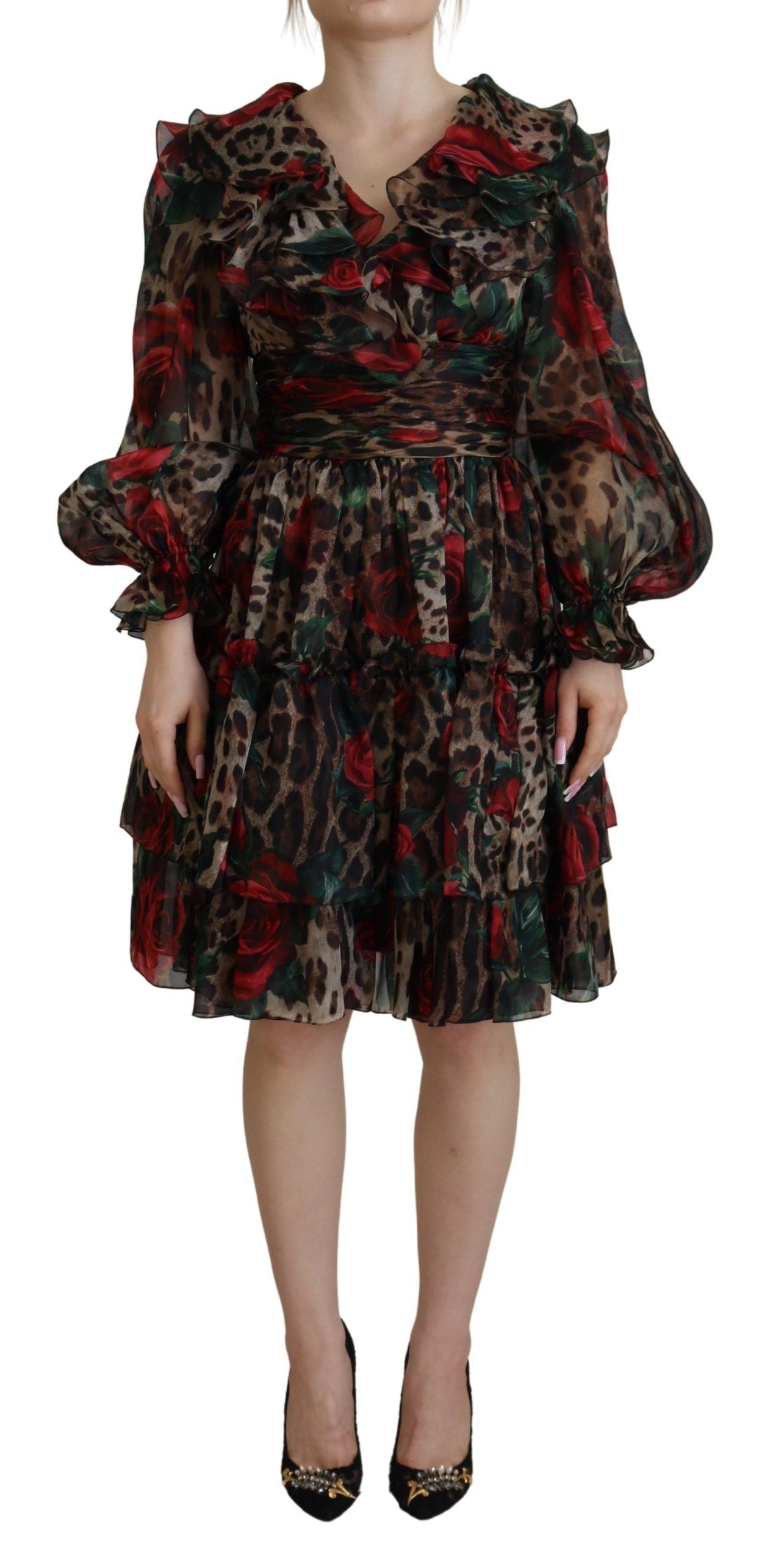 DOLCE & GABBANA Dolce & Gabbana  Leopard Roses Silk Ruffled Gown Women's Dress
