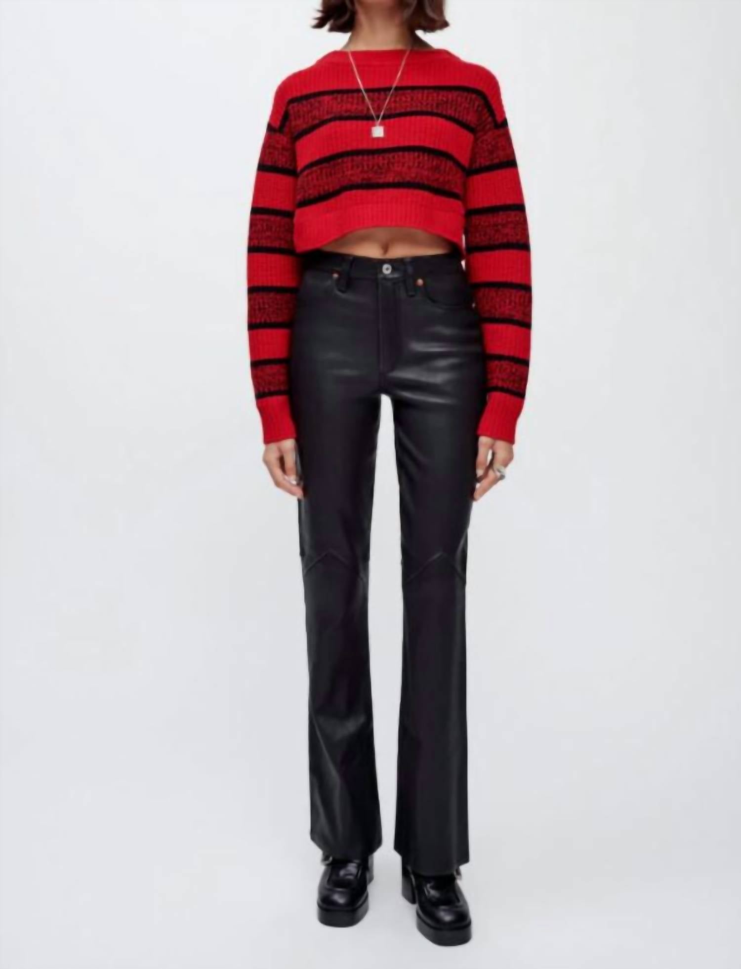 RE/DONE Crop Pullover in Red & Black Rugby