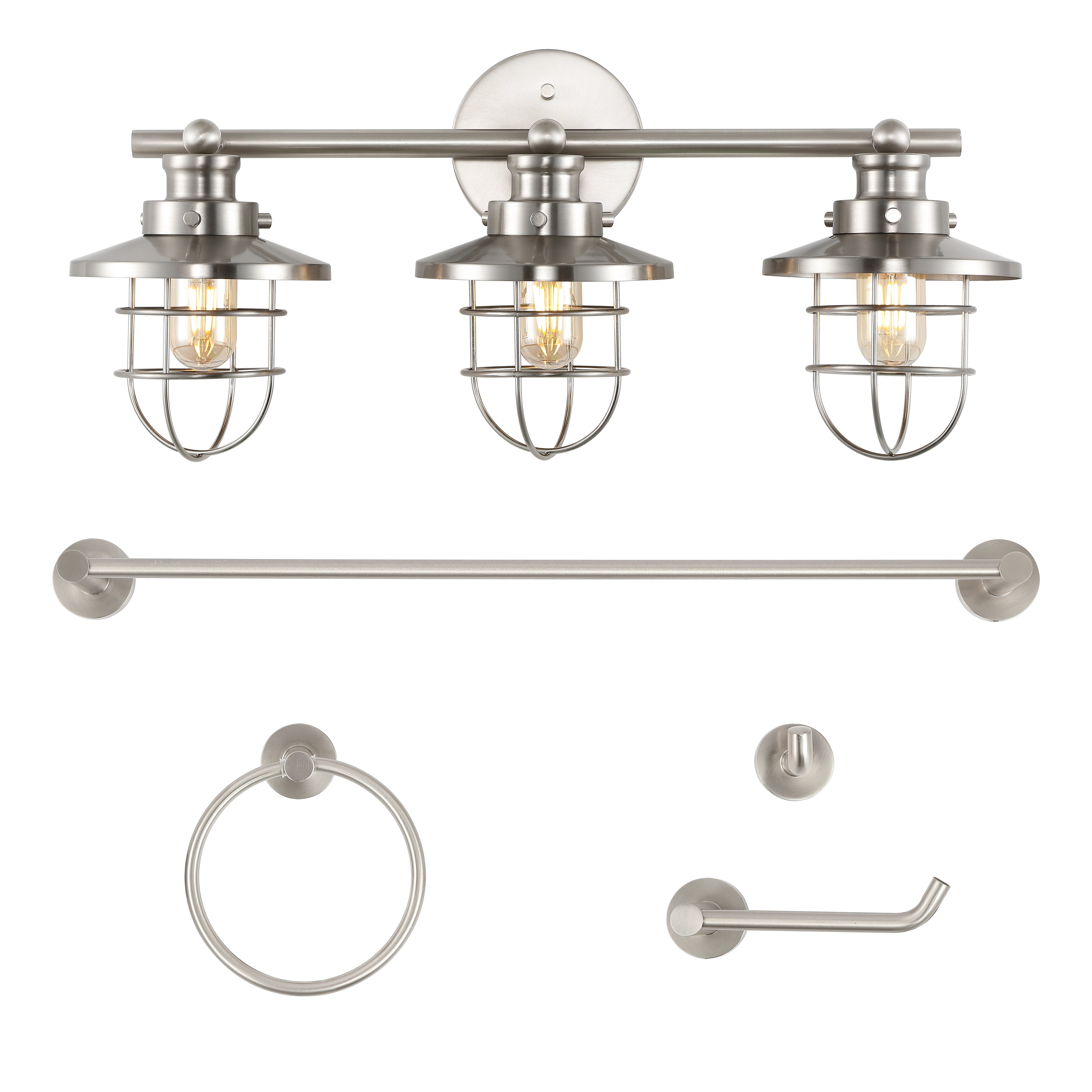 Shop Jonathan Y Ellis 24" 3-light Industrial Farmhouse Vanity Light With Bathroom Hardware Accessory Set, Brushed Ni